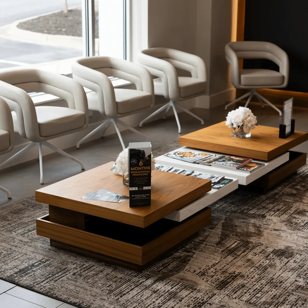 waiting room inside auto repair shop with white chairs and coffee table
