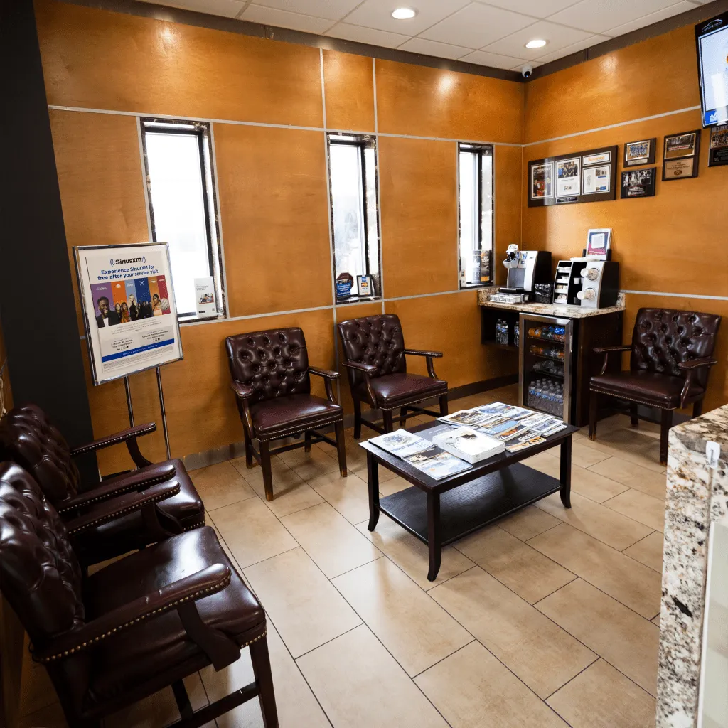 interior of a customer waiting area at an auto shop
